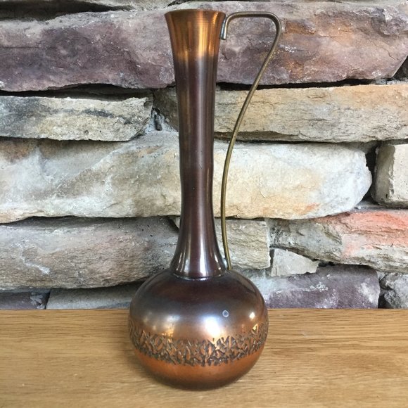 Vintage Copper Pitcher Boho Brass Handle Vase - Picture 1 of 5